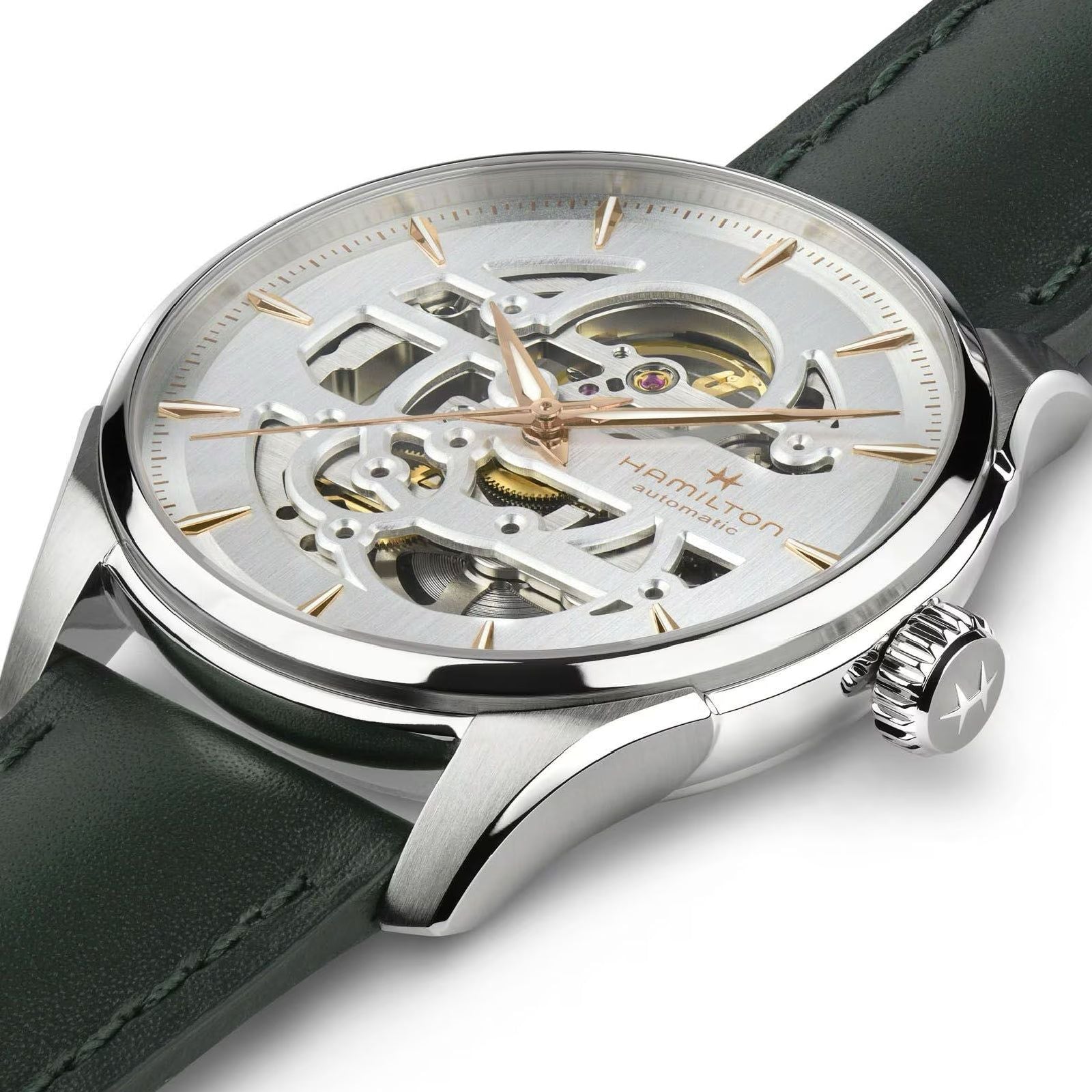 Orologio uomo Hamilton Jazzmaster acciaio e pelle verde quadrante scheletro 40mm H42535810-2