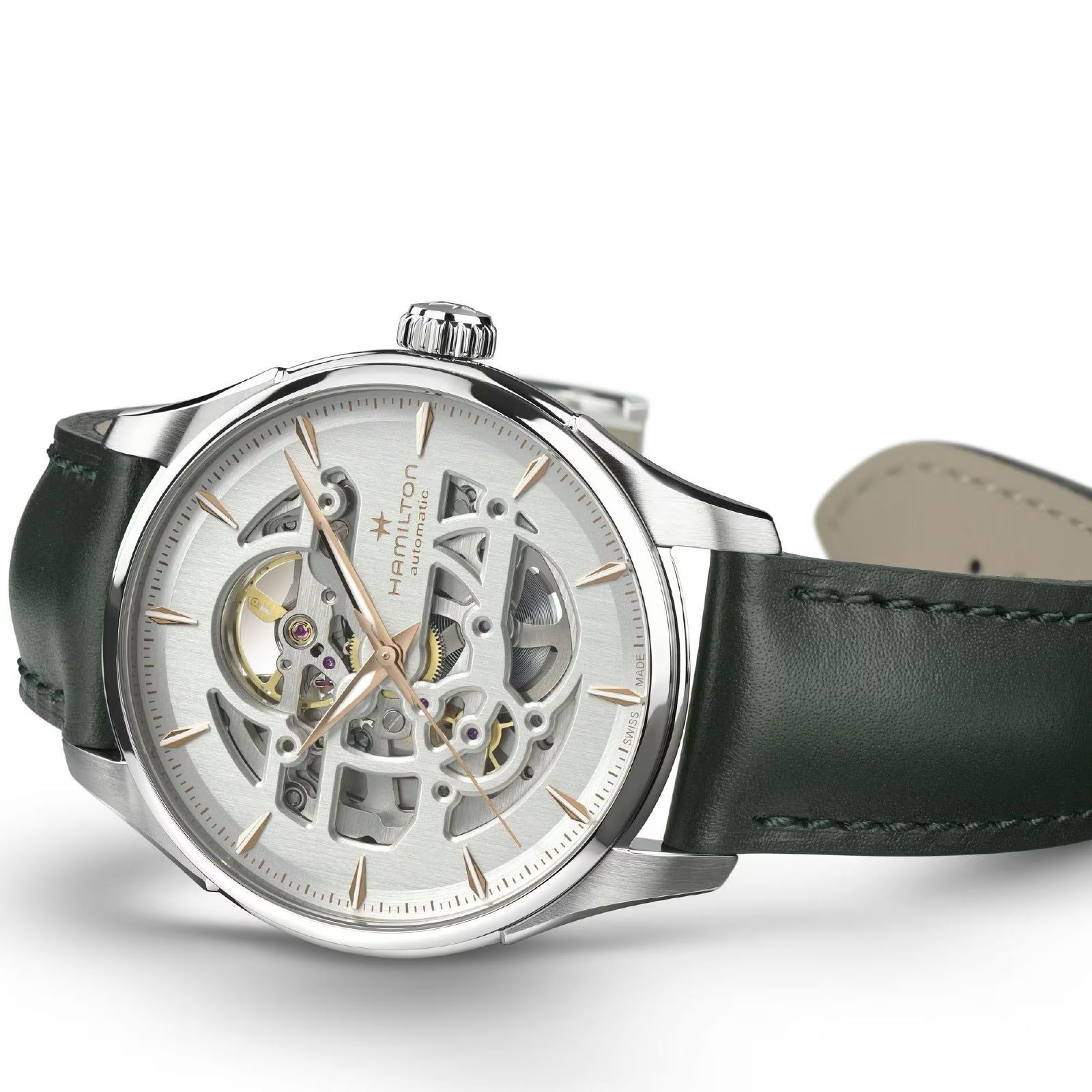 Orologio uomo Hamilton Jazzmaster acciaio e pelle verde quadrante scheletro 40mm H42535810-3