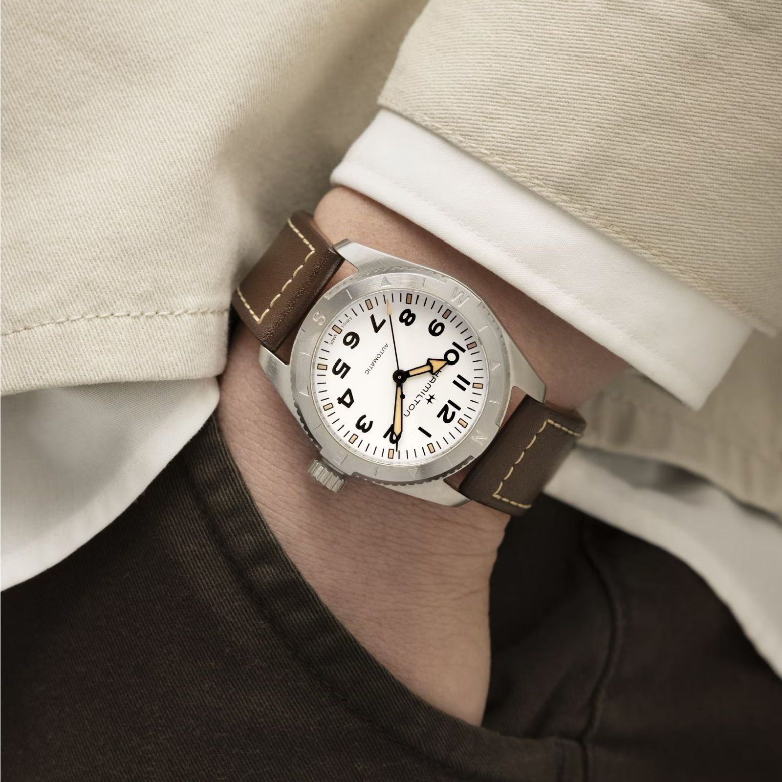 Orologio automatico cassa 41mm Hamilton Khaki Field uomo acciaio e pelle H70315510-3