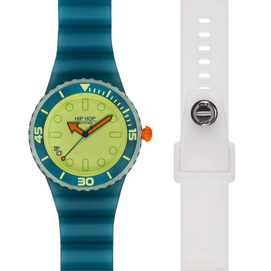 Orologio Hip Hop silicone verde e doppio cinturino bianco MISURA UNICA