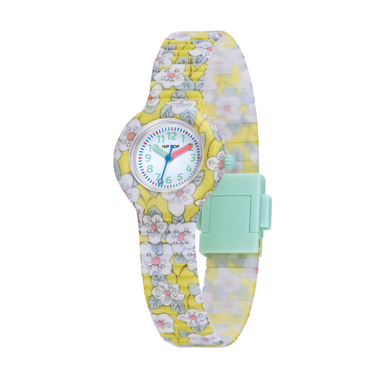 Orologio bimbi Hip Hop silicone con tessuto di fiori giallo MISURA UNICA