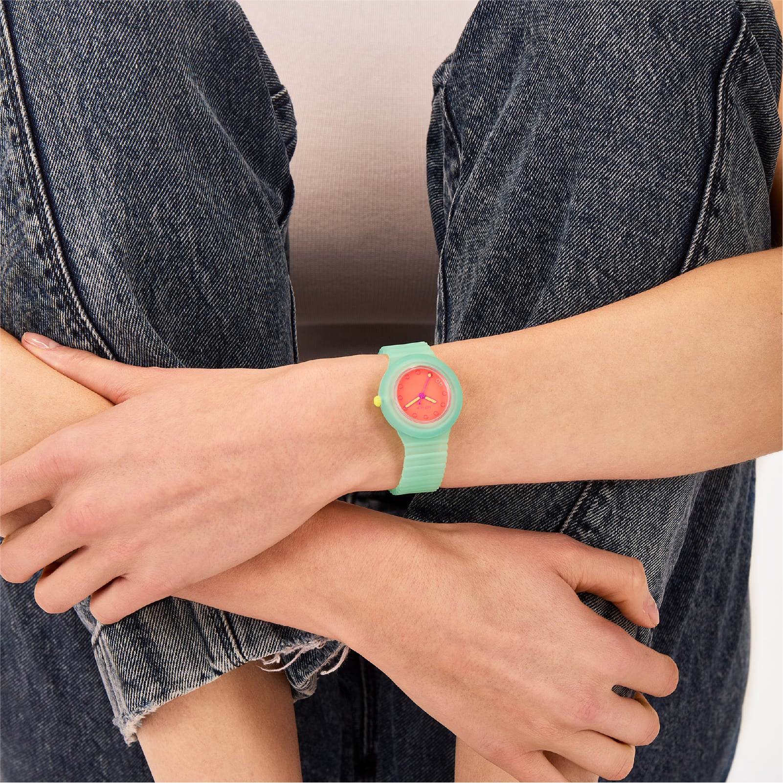 Orologio donna Hip Hop in silicone verde quadrante rosso MISURA UNICA