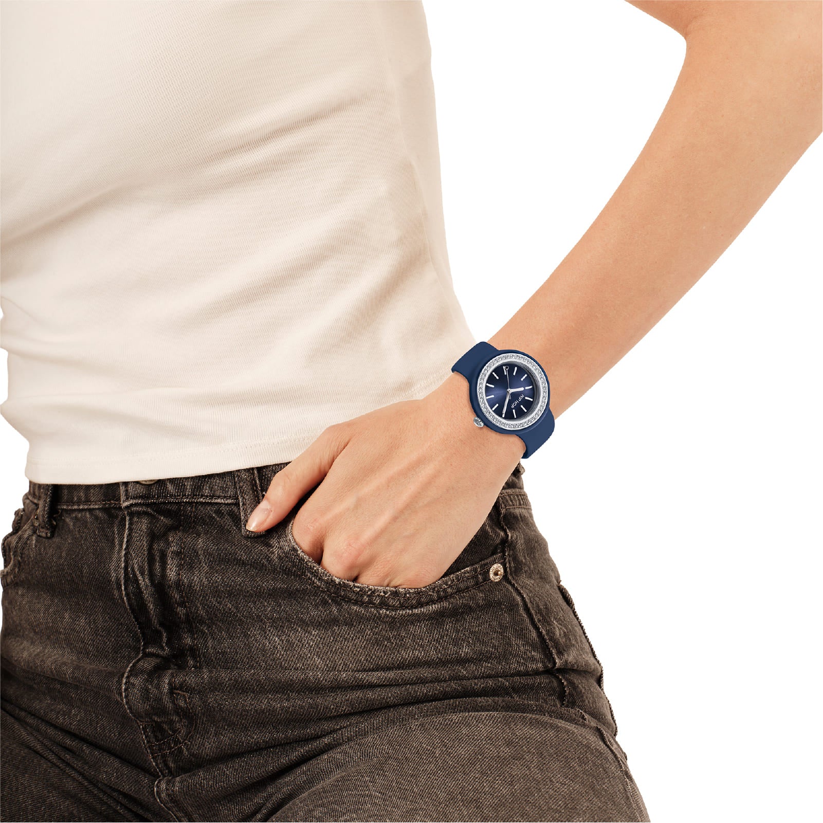 Orologio solo tempo Hip Hop con cinturino blu e cristalli MISURA UNICA