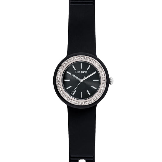 Orologio solo tempo Hip Hop con cinturino nero e cristalli MISURA UNICA