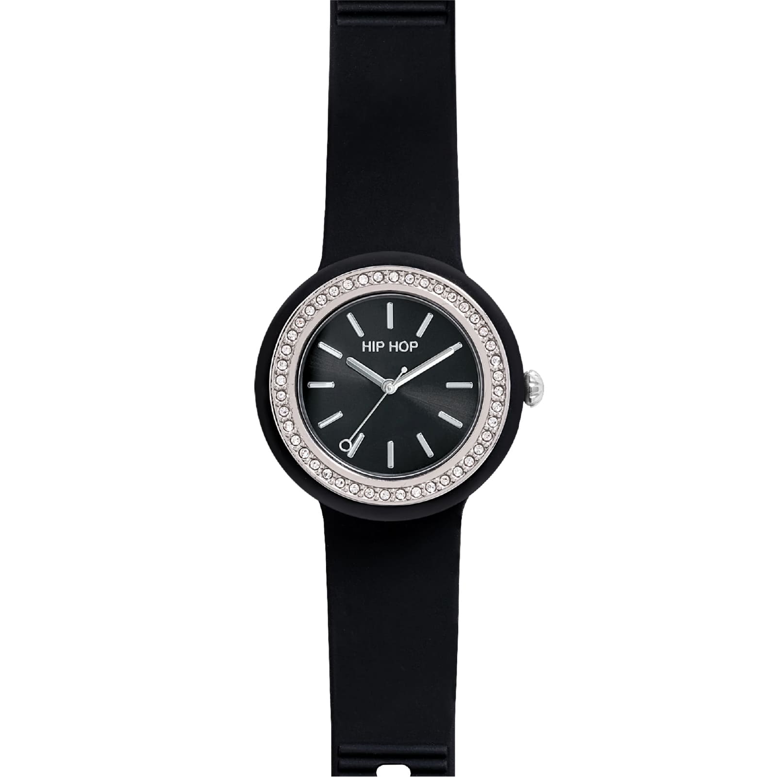 Orologio solo tempo Hip Hop con cinturino nero e cristalli MISURA UNICA