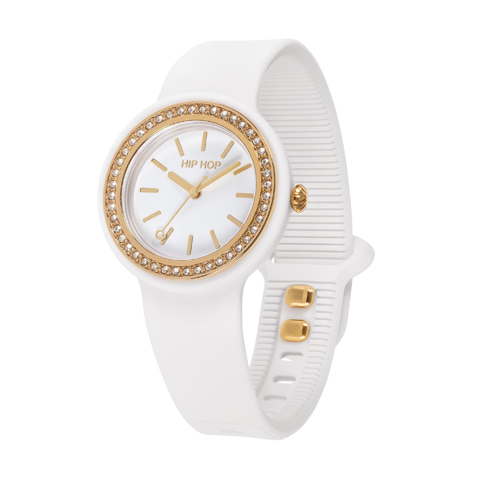 Orologio solo tempo Hip Hop con cinturino bianco e cristalli MISURA UNICA