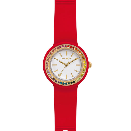 Orologio solo tempo Hip Hop con cinturino rosso e cristalli MISURA UNICA