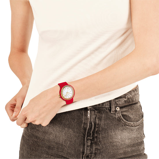 Orologio solo tempo Hip Hop con cinturino rosso e cristalli MISURA UNICA