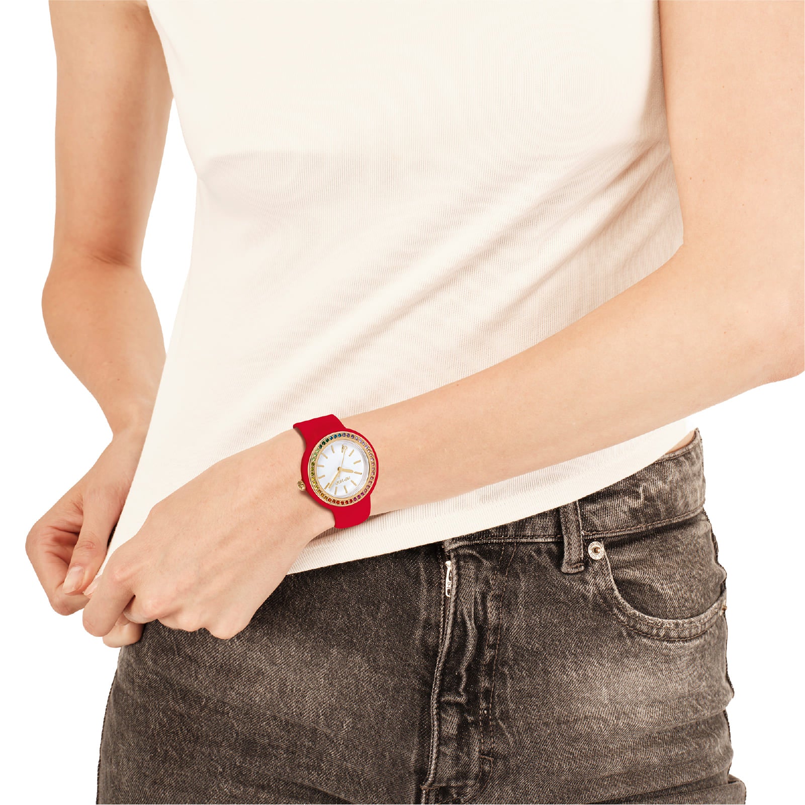 Orologio solo tempo Hip Hop con cinturino rosso e cristalli MISURA UNICA