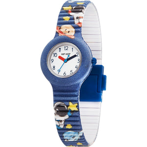 Orologio solo tempo della collezione Hip Hop Kids Fun Space da bambino in silicone e tessuto blu con cosmonauti e pianeti HWU1177