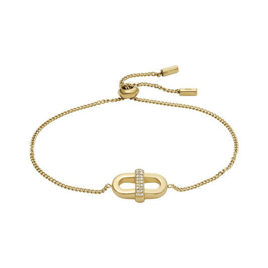 Bracciale Fossil Heritage da donna in acciaio oro con ciondolo a maglia a D e cristalli JF04584710-1