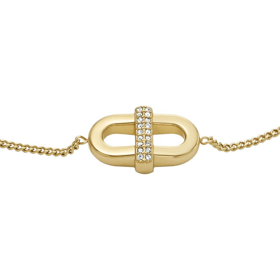 Bracciale Fossil Heritage da donna in acciaio oro con ciondolo a maglia a D e cristalli JF04584710-3