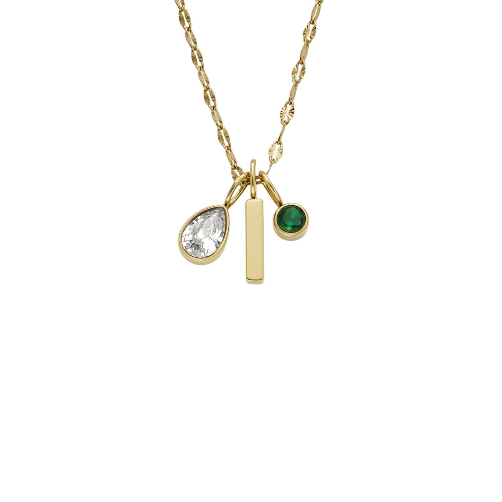 Collana donna Fossil Sadie acciaio oro con rettangolo, cristallo verde e bianco JF04588710-1