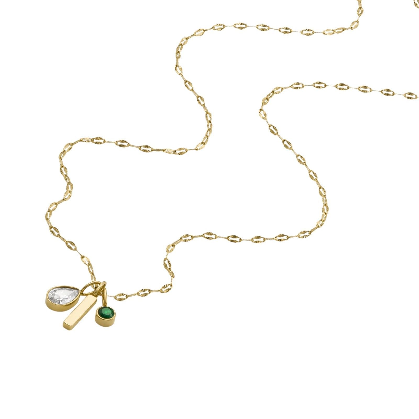 Collana donna Fossil Sadie acciaio oro con rettangolo, cristallo verde e bianco JF04588710-2