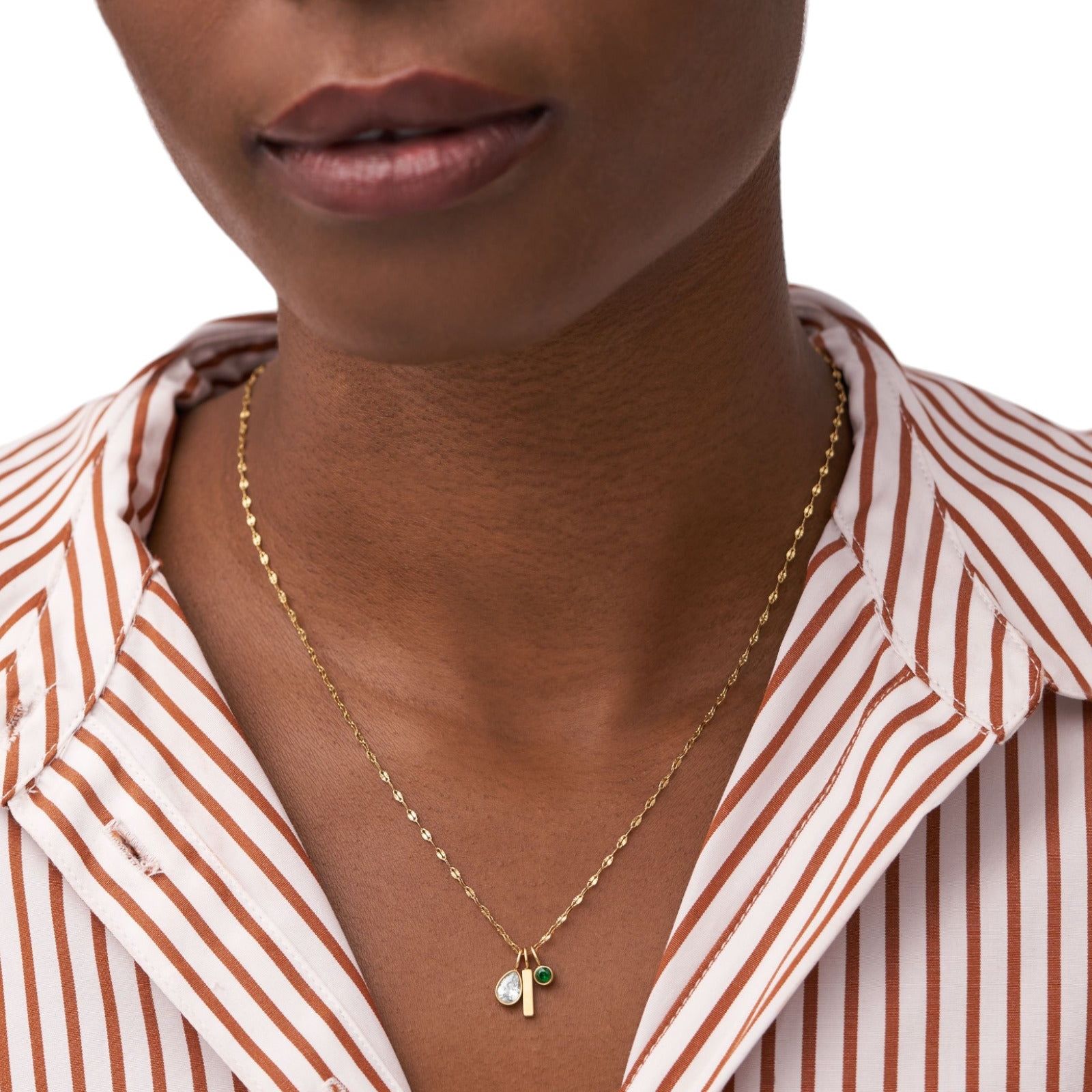 Collana donna Fossil Sadie acciaio oro con rettangolo, cristallo verde e bianco JF04588710-5