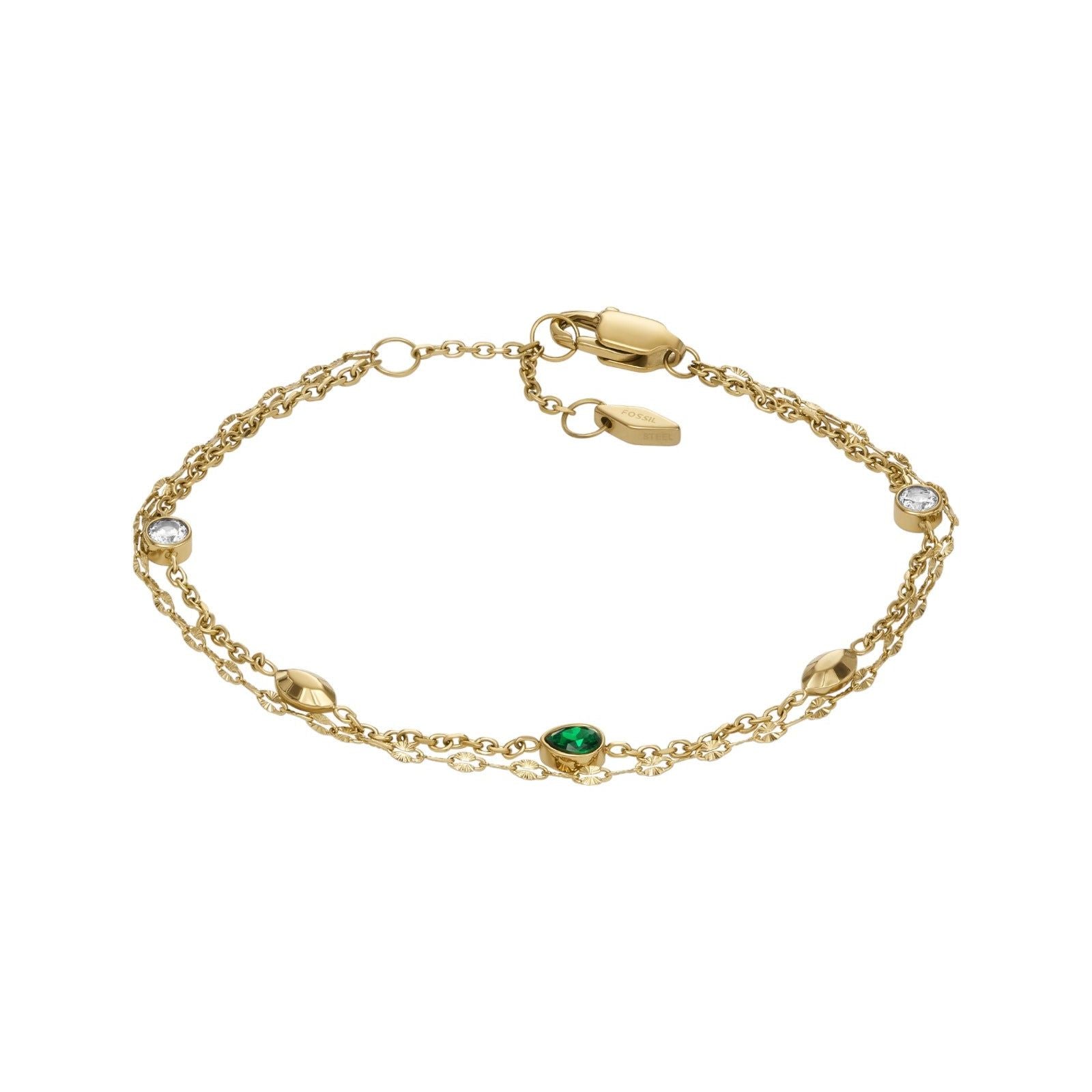 Bracciale doppia catena donna Fossil Sadie acciaio oro con cristalli verdi e bianchi JF04589710-1