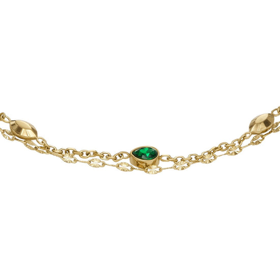 Bracciale doppia catena donna Fossil Sadie acciaio oro con cristalli verdi e bianchi JF04589710-2