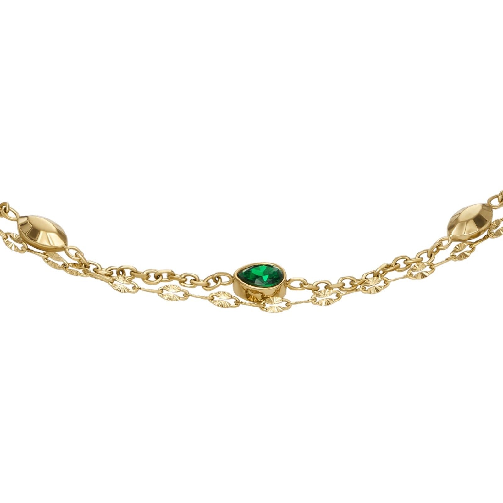 Bracciale doppia catena donna Fossil Sadie acciaio oro con cristalli verdi e bianchi JF04589710-2