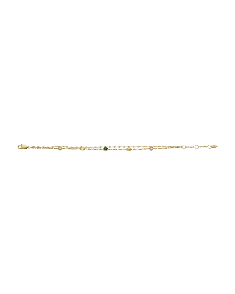 Bracciale doppio filo della collezione Fossil Sadie da donna in acciaio oro con con cristallo verde e bianco JF04589710