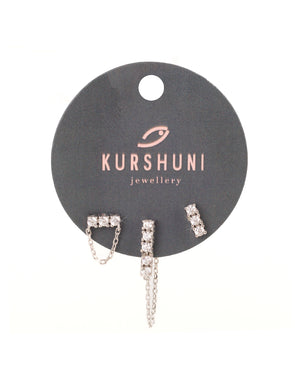 Set di orecchini asimmetrici da donna Kurshuni Gleam in argento 925 con zirconi bianchi e catenine KX305-3Y0SP