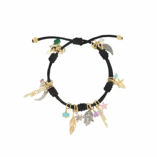 Bracciale Maman et Sophie Talismani con cordino nero e simboli Regolabile 14-20 cm