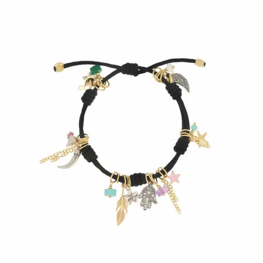 Bracciale Maman et Sophie Talismani con cordino nero e simboli Regolabile 14-20 cm