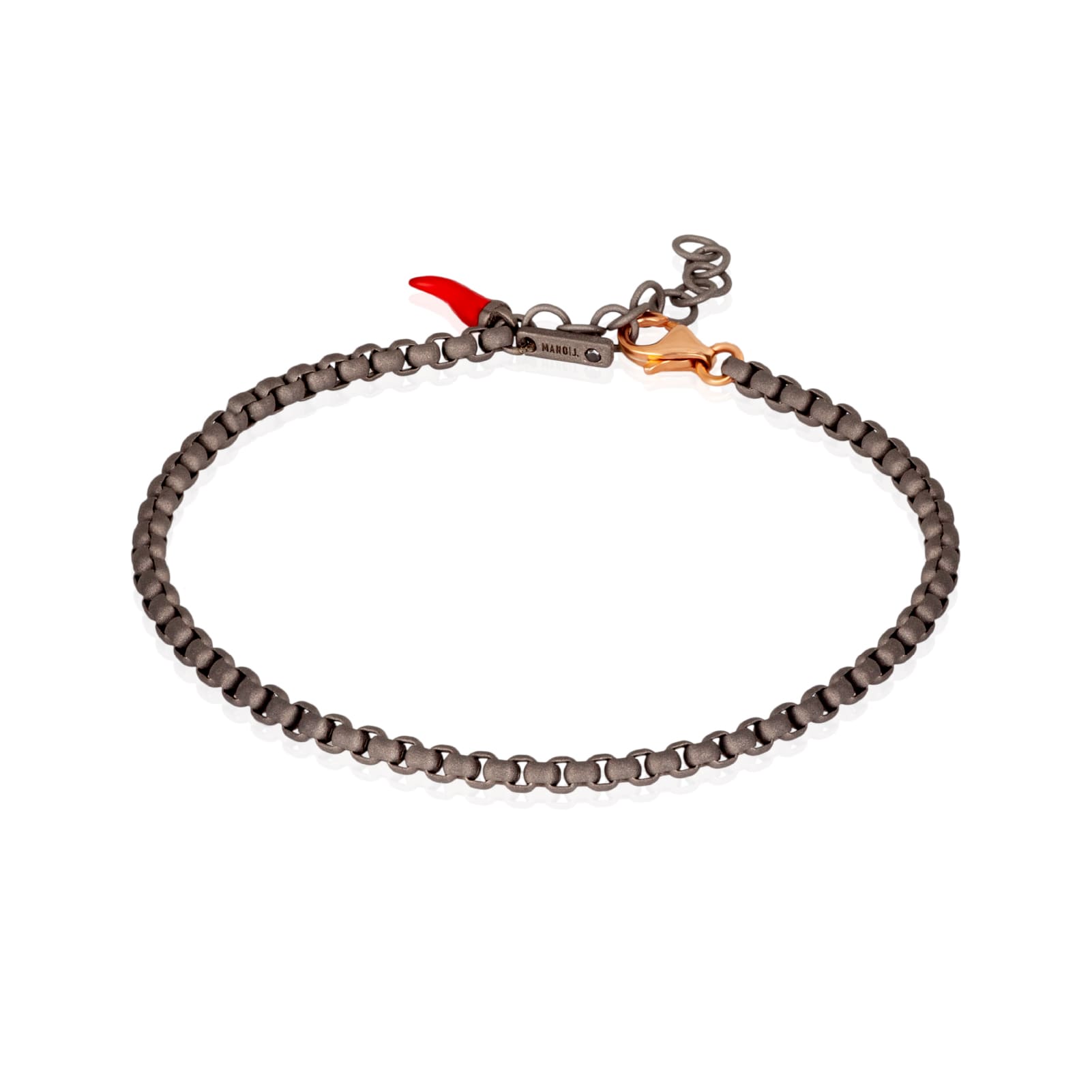 Bracciale Mano J in titanio con moschettone e corno rosso 21 cm