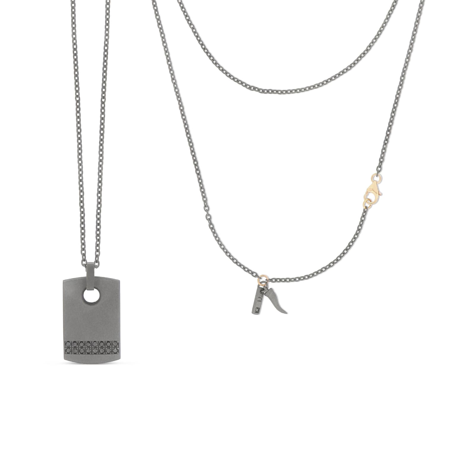 Collana catena Mano J in titanio targhetta diamanti neri 0,20ct MISURA UNICA