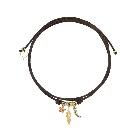 Collana girocollo Maman et Sophie in cordino marrone charms MISURA UNICA