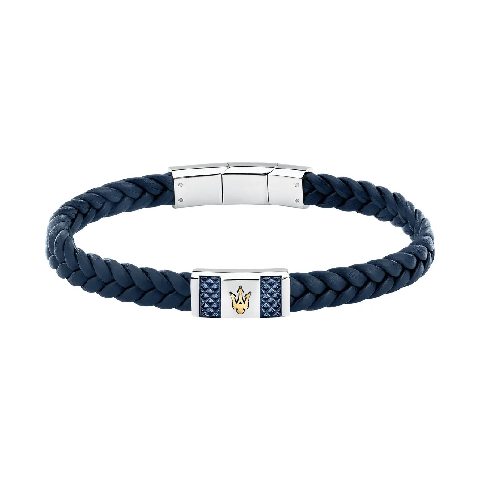 Bracciale Maserati in acciaio e pelle naturale argento e blu M.JM4249IK03