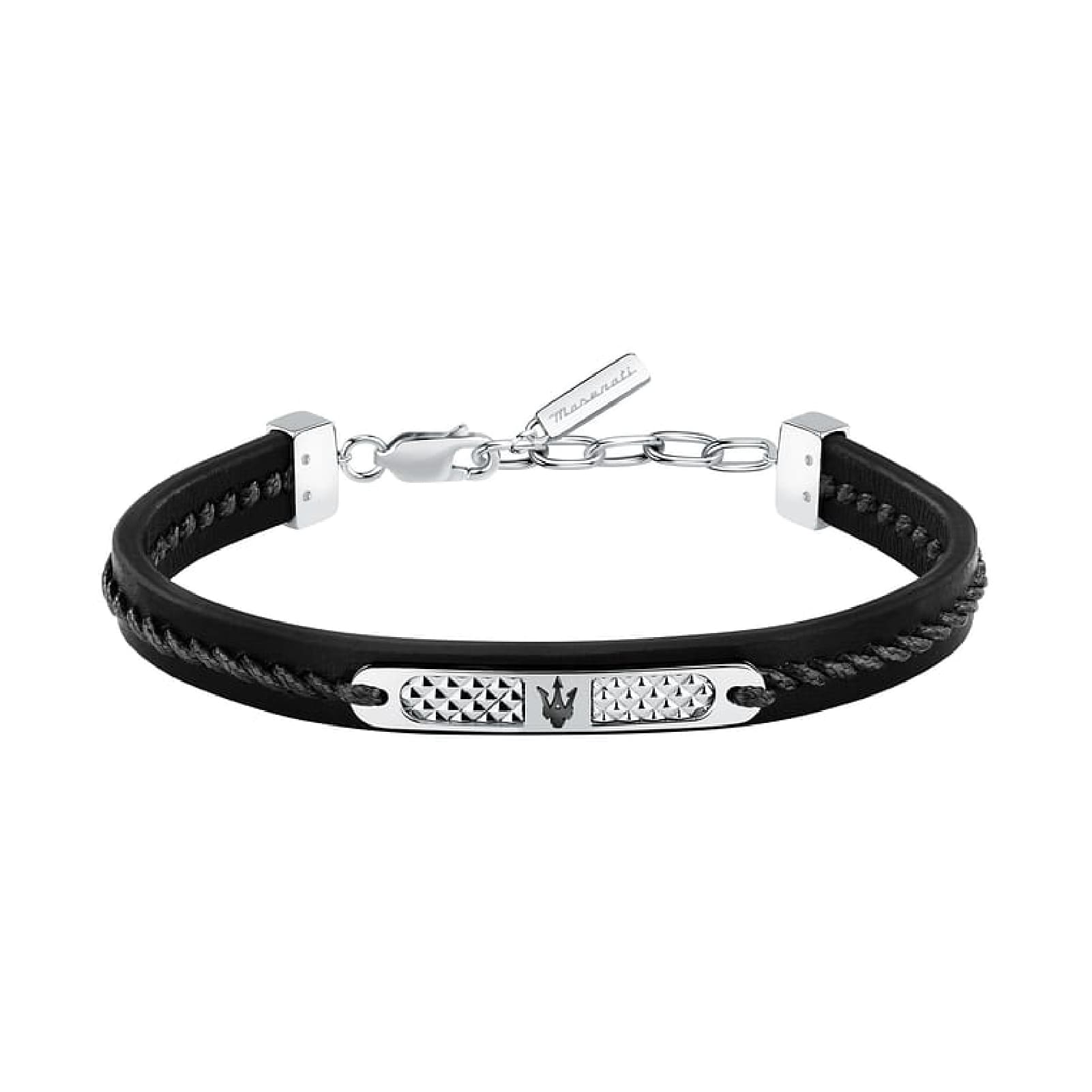 Bracciale Maserati pelle nera riciclata intrecciata e acciaio Regolabile 19-22 cm