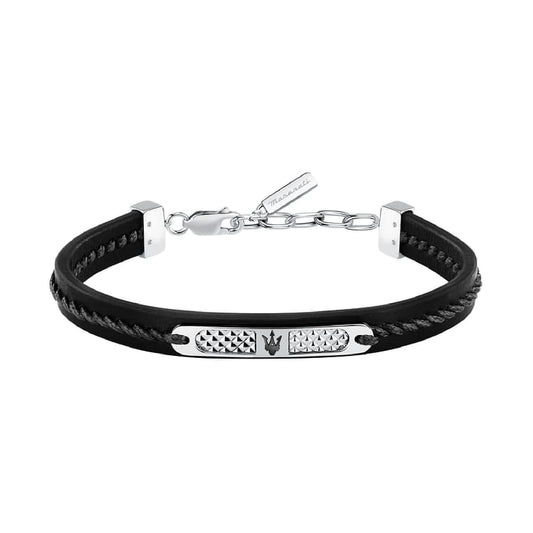 Bracciale Maserati pelle nera riciclata intrecciata e acciaio Regolabile 19-22 cm