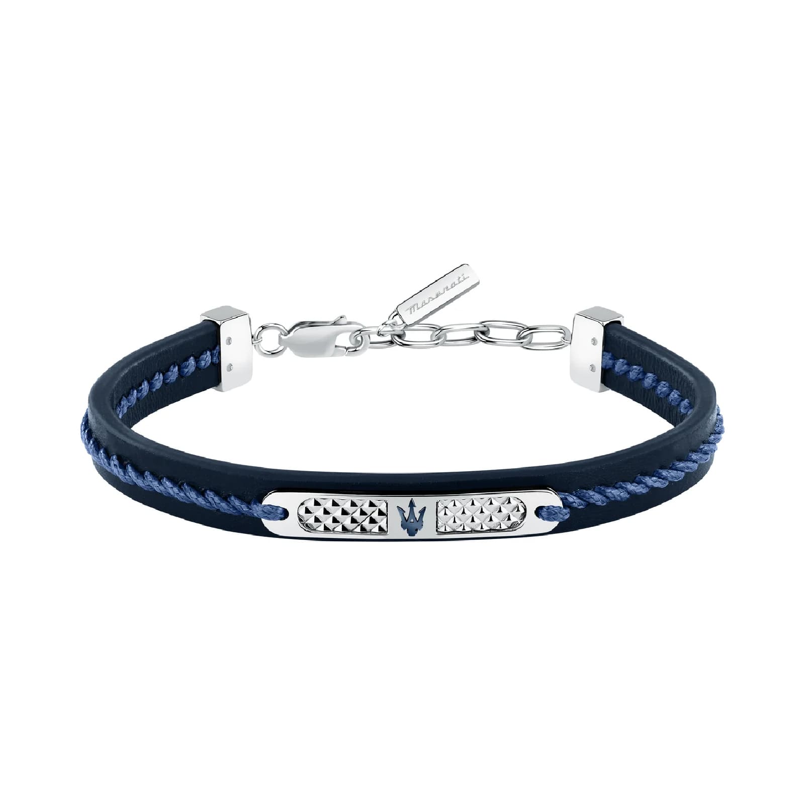 Bracciale Maserati pelle blu riciclata intrecciata e acciaio Regolabile 19-22 cm