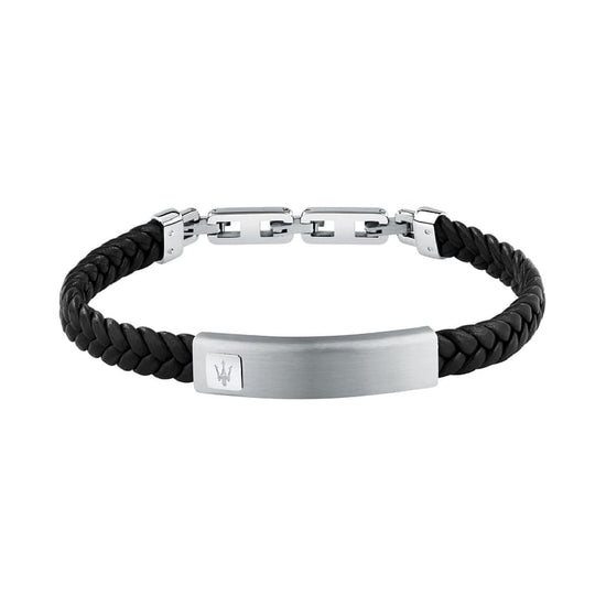 Bracciale Maserati da uomo in pelle nera riciclata e acciaio Regolabile 19-22,6 cm
