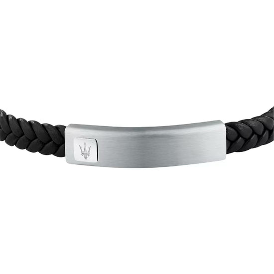 Bracciale Maserati da uomo in pelle nera riciclata e acciaio Regolabile 19-22,6 cm