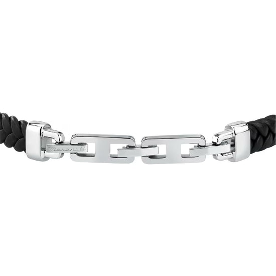 Bracciale Maserati da uomo in pelle nera riciclata e acciaio Regolabile 19-22,6 cm