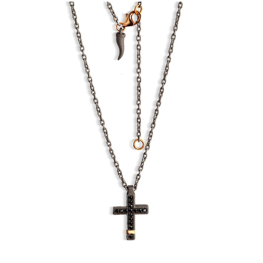 Collana Mano J in titanio con pendente croce di diamanti neri MISURA UNICA