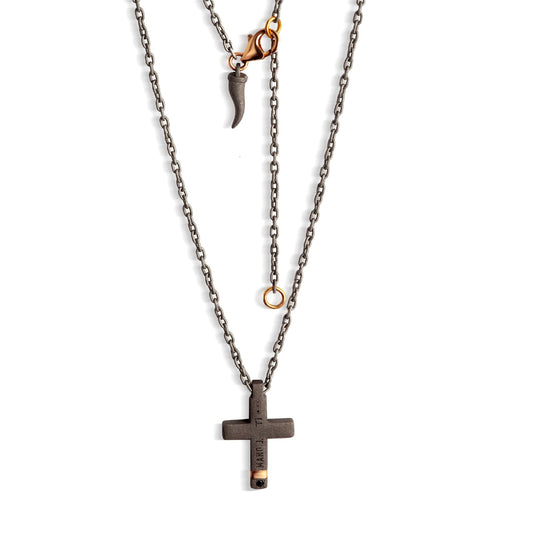 Collana Mano J in titanio con pendente croce di diamanti neri MISURA UNICA