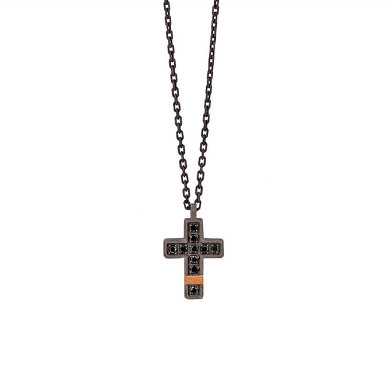 Collana Mano J in titanio pendente croce piccola diamanti neri MISURA UNICA