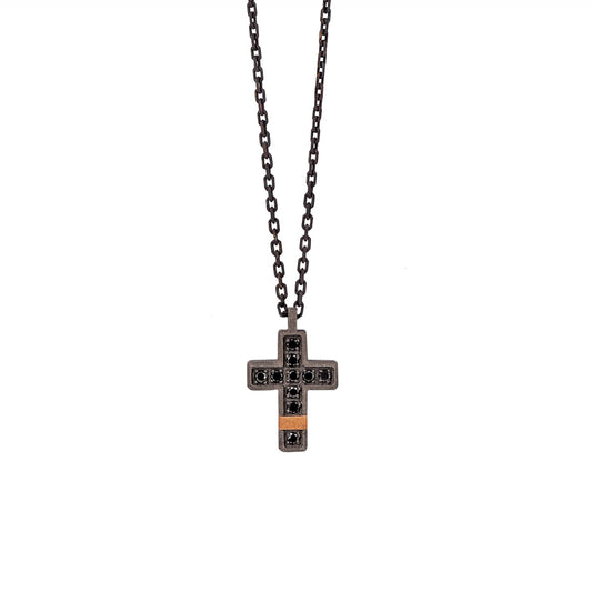 Collana Mano J in titanio pendente croce piccola diamanti neri MISURA UNICA