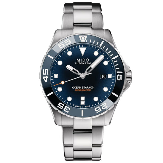 Orologio crono Mido Ocean Star 600 uomo acciaio argento blu datario riserva 80H M0266081104101-1