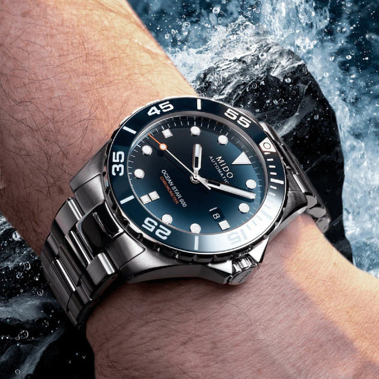 Orologio crono Mido Ocean Star 600 uomo acciaio argento blu datario riserva 80H M0266081104101-4