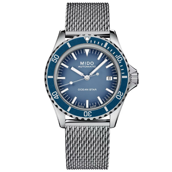 Orologio uomo automatico Mido acciaio, blu maglia Milano, datario riserva 80H M0268071104101-1