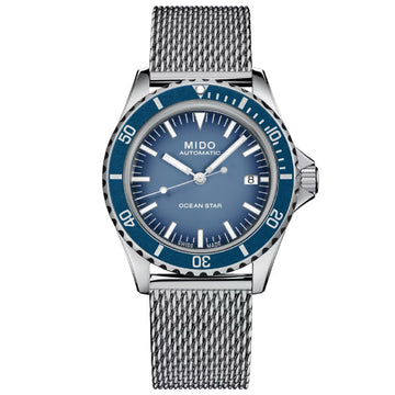 Orologio uomo automatico Mido acciaio, blu maglia Milano, datario riserva 80H M0268071104101-1