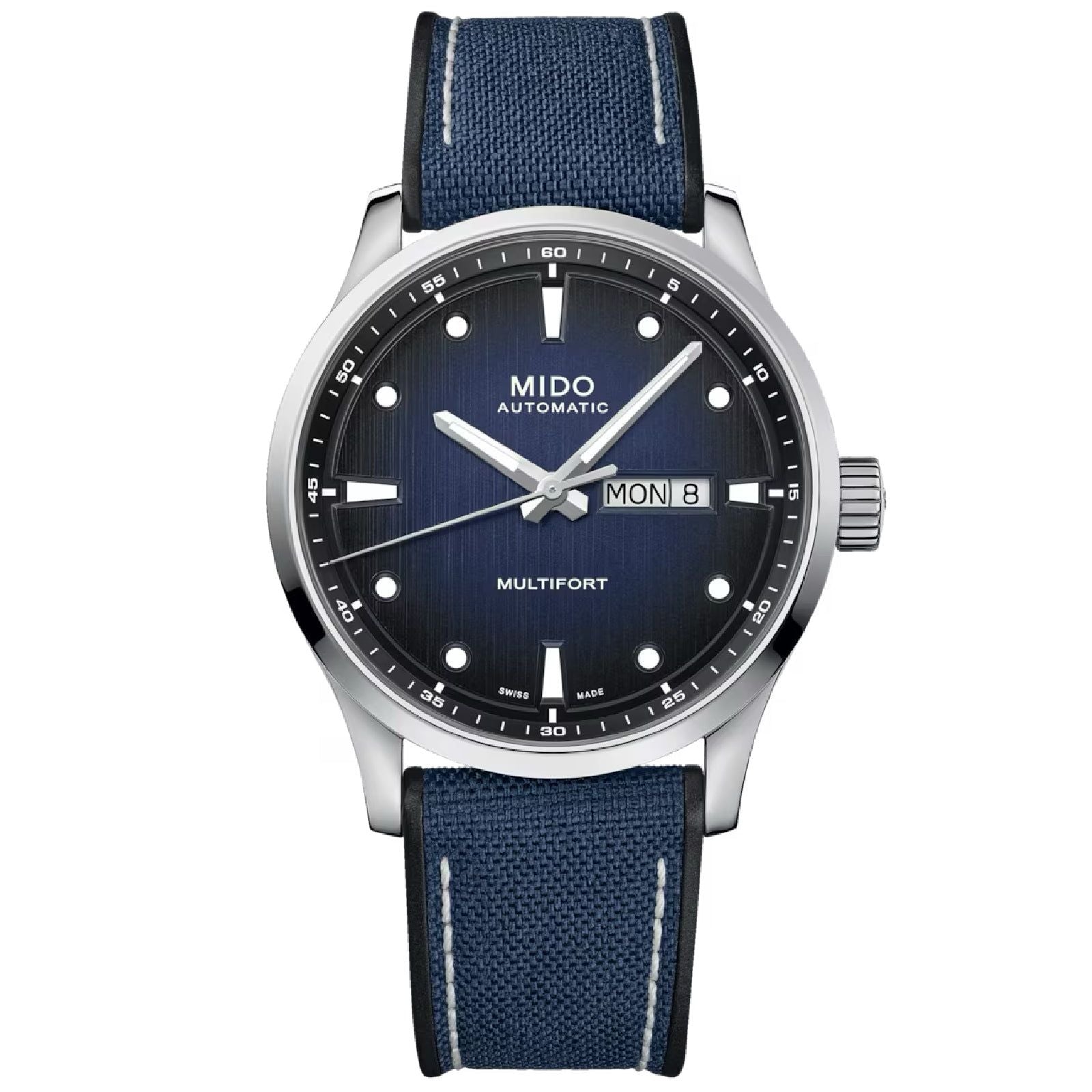Orologio automatico Mido Multifort uomo acciaio tessuto blu datario riserva 80H M0384301704100-1