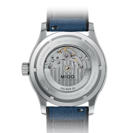 Orologio automatico Mido Multifort uomo acciaio tessuto blu datario riserva 80H M0384301704100-2
