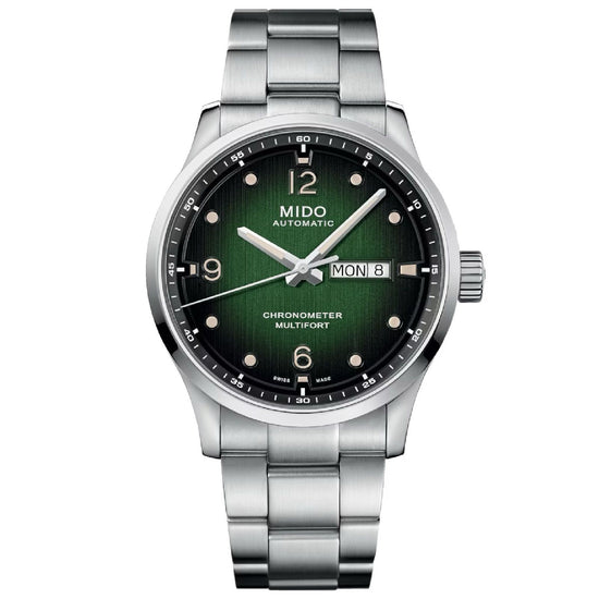 Orologio crono auto Mido Multifort uomo acciaio quadrante verde datario riserva 80H M0384311109700-1