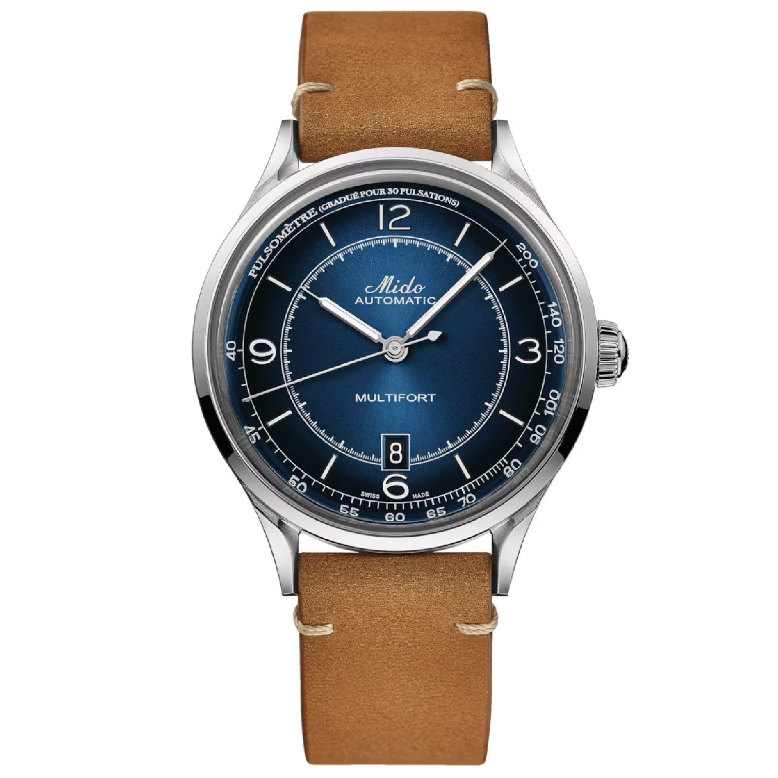 Orologio automatico Mido Multifort uomo acciaio e pelle marrone, datario, riserva 80H M0404071604000-1