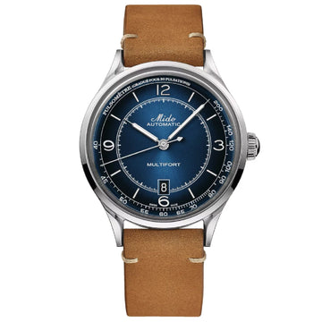 Orologio automatico Mido Multifort uomo acciaio e pelle marrone, datario, riserva 80H M0404071604000-1