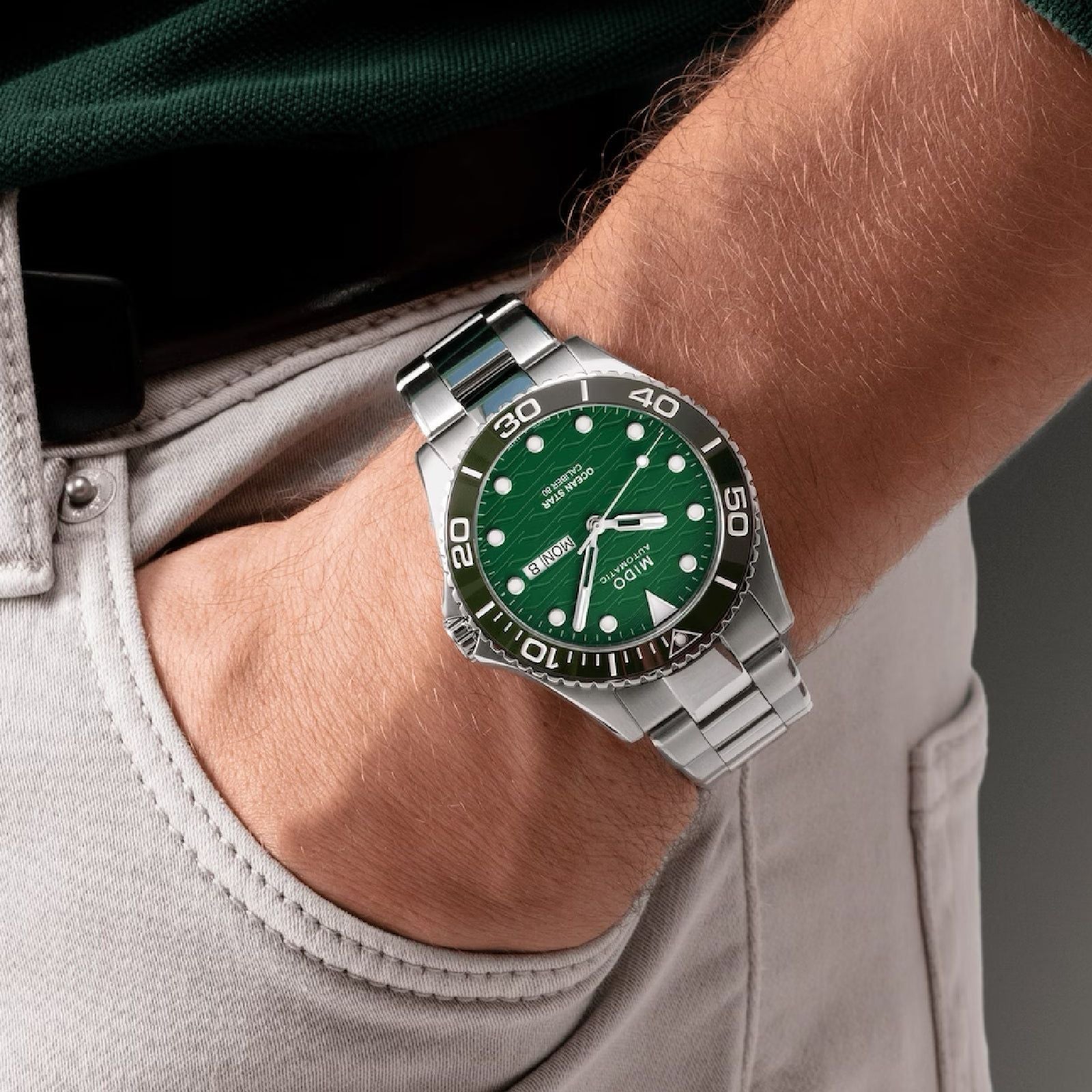 Orologio automatico Mido uomo acciaio verde ceramica datario riserva 80H M0424301109100-4